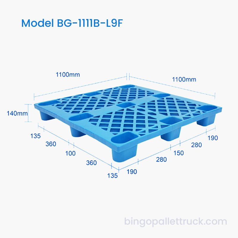Palette en plastique à 9 pieds 1 100 x 1 100 mm optimisée pour une utilisation avec transpalette et chariot élévateur