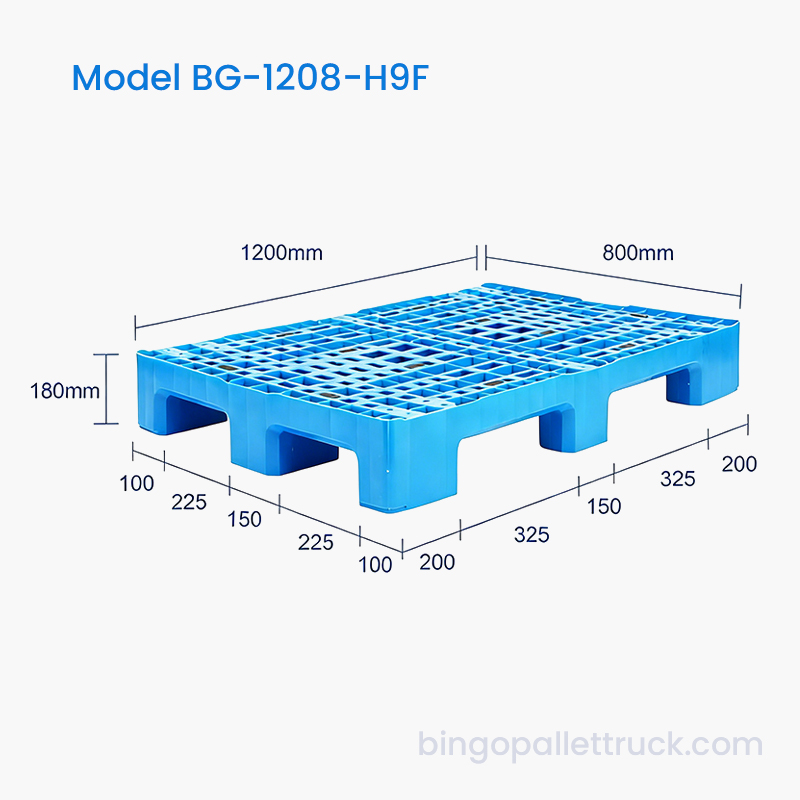 Palette en plastique HDPE robuste à 9 pattes de 1 200 x 800 mm pour la logistique