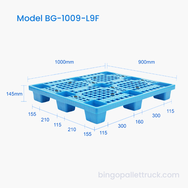 Palette en plastique légère simple face de 1000 x 900 mm avec plate-forme grillagée et 9 pieds